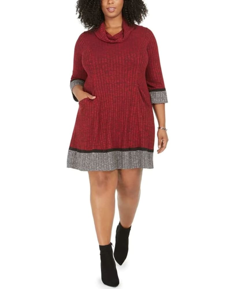 Front of a model wearing a size 1X Robbie Bee Women's Plus Cowl Neck Sweater Dress Red Size 1X in Red by Robbie Bee. | dia_product_style_image_id:313477